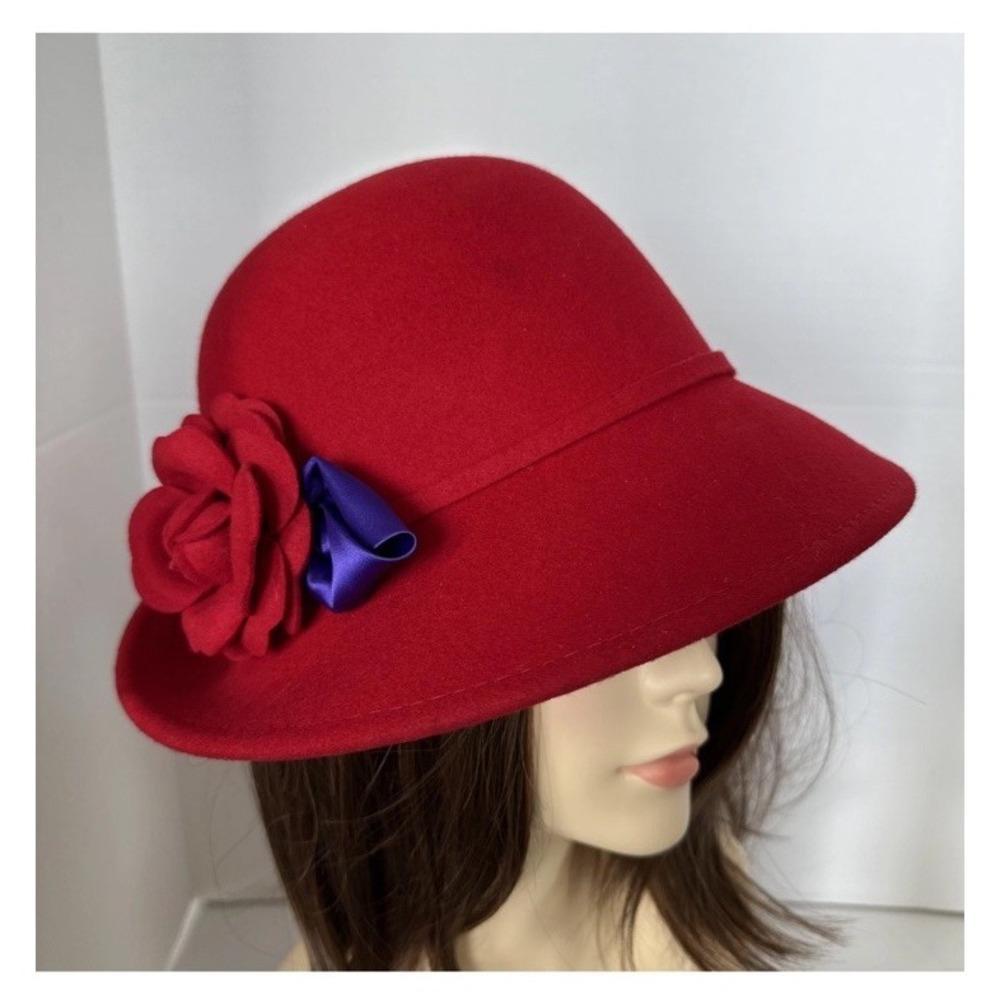 Women Vintage Wool Felt Bucket Cap Flower Red Cloche Church Bowler Hat